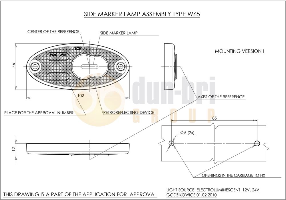308P WAS W65 LED Side Marker / Reflector Lamp Technical Drawing